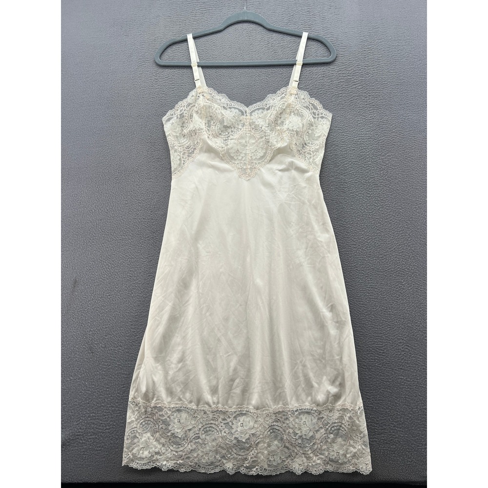 Vintage Shadowline Ivory Lace Trim Full Slip Dress Nylon Lingerie Size 34 USA